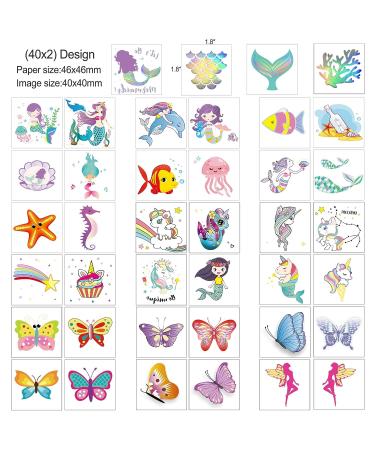 Konsait Glitter Temporary Tattoos for Kids - Mermaid, Unicorn, Butterfly Designs (80pcs) | Perfect for Girls Birthday Party Favors and Goodie Bags - Buy Online on GoSupps.com