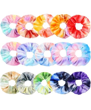 ZOCONE Tie Dye Scrunchies,15 PCS Velvet Scrunchies for Hair in Gradient Color,Soft Rainbow Scrunchies Ponytail Holder,Hair Accessories Elastic Hair Bands Scrunchy Hair Ties for Women Girls, Tie Dye Party Favors