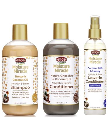 African Pride Moisture Miracle Shampoo Conditioner and Leavein Conditioner SET Coconut Oil Honey Chococlate Coconut Oil and Milk