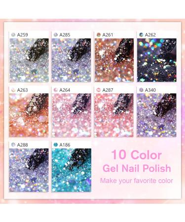 Shining She Glitter Gel Nail Polish Set - 10 Colors (Silver, Black, Gold, White) | Sparkly Soak-Off UV/LED Lamp Gel Gift for Women - Nail Art Salon Quality at Home - 8ML - Buy Online on GoSupps.com