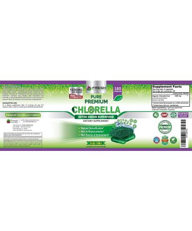 Fresh Healthcare Premium Chlorella Supplement - 1200mg Vegan Capsules for Natural Detox & Nutrition - 180 Pills with Chlorophyll, B Vitamins & Minerals - Buy Online on GoSupps.com