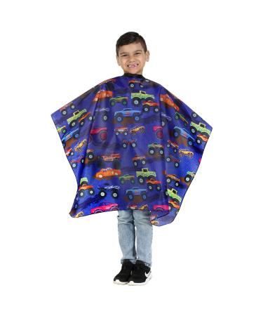 Kids Barber Cape For Hair Cutting at Home or Salon Barber Shop Haircut Cape for Big Boys Adjustable Neck with Snaps Monster Truck