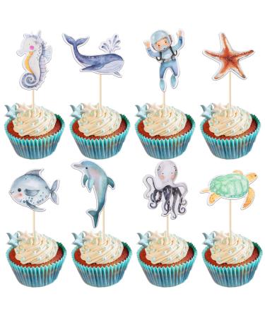 Rsstarxi 36 Pack Ocean Sea Animal Cupcake Toppers Under the Sea Animal Creature Cupcake Toothpicks Decorations for Ocean Sea Theme Baby Shower Birthday Party Cake Decorations Design 1