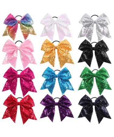 Oaoleer 12PCS 7" Large Glitter Cheer Hair Bows Ponytail Holder Elastic Band Handmade for Cheerleading Teen Girls College Sports (Sequin Mixed-color 12PCS)