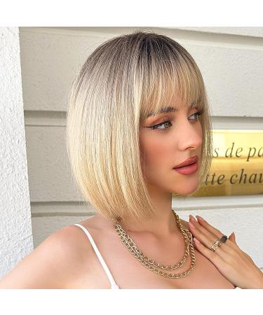 HAIRCUBE Short Blonde Bob Wig for Women | Synthetic Hair with Dark Roots and Bangs - Buy Online on GoSupps.com