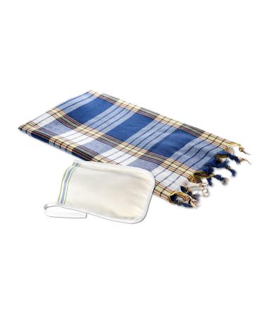 Carenesse Hamam Set 1 Hamam Towel Check Blue and 1 Peeling Glove Firm