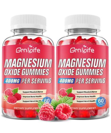 2 Pack Magnesium Oxide Gummies 400mg Chewable Magnesium Oxide Supplement for Adults & Kids Nerve & Muscle Support Vegan Raspberry Flavor 120 Count 120 Count (Pack of 1)