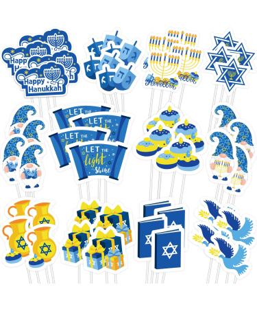 Whaline 48Pcs Happy Hanukkah Cupcake Topper Menorah Star Gnome Cupcake Picks Blue Chanukah Food Picks for Cake Decoration Party Supplies