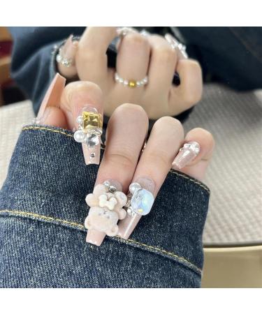 Nails Nail Tips Nails Set Handmade Nails Press On 3D Bear Aurora Diamond Pearl Decor Luxury Long Coffin Wearable Full Cover Nail Tips(ZRXX XS) - Buy Online on GoSupps.com