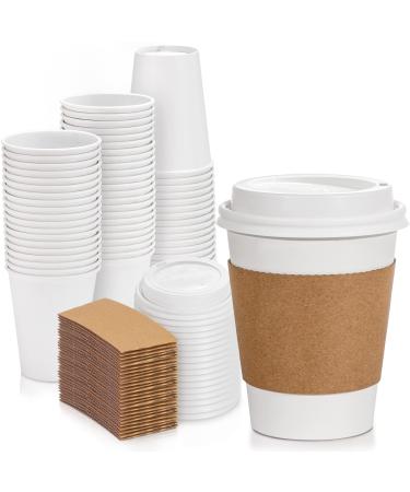 50 Pack White Coffee Cups with White Dome Lids and Brown Sleeves - 12oz Disposable Paper Coffee Cups - To Go Cups for Hot Chocolate, Tea, and Other Drinks - Ideal for Cafes, Bistros, and Businesses 50 12 oz
