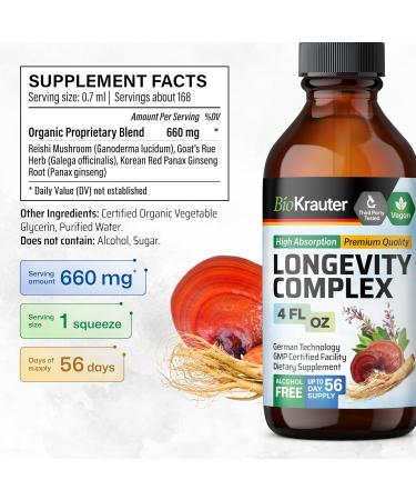 BIO KRAUTER Longevity Mushroom Supplement - Liquid Reishi Mushroom Complex with Goat s Rue & Red Ginseng Root Extract - Vegan Tincture - Alcohol & Sugar Free Drops 4 Fl.Oz. - Buy Online on GoSupps.com