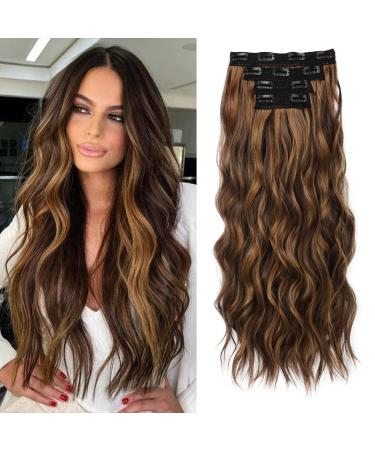 Reecho clip in extensions 4PC hair extensions clip in hair extensions 60 cm thick long beach shafts hair parts - dark chocolate brown with golden highlights