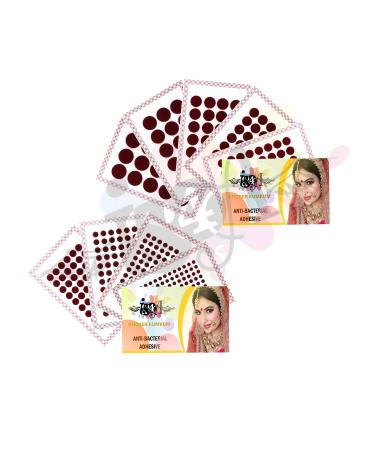 IS4A 447 Multicolored Bollywood Forehead Stickers Adhesive Body Jewelry 9 Cards of Different Sized Tattoo Velvet Bindi Round Dot (Maroon ( Deep Red ))