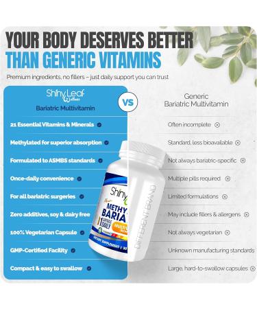 Shiny Leaf Methylated Bariatric Multivitamin Without Iron Vitamins for Gastric Bypass & Sleeve 1 Daily Capsule W Methylated Folate B12 A C D K & More. Vegetarian Soy-Free USA Made (60 Ct.) 60 Count (Pack of 1) - Buy Online on GoSupps.com