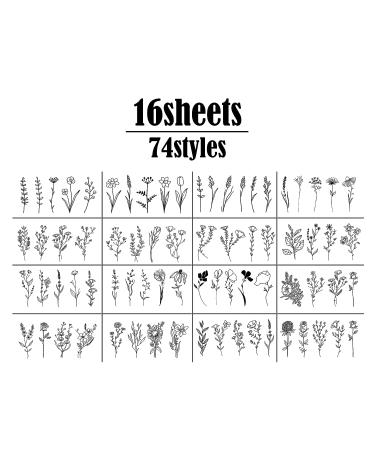 YAKAGO 16 Sheets Black Small Flower Temporary Tattoos for Women | 74 Styles Tiny Branch Fake Tattoos | Floral Bouquet Design for Neck, Finger, Hand, Arm | Sunflower, Dandelion, Lily, Lavender, Rose Tattoo - Buy Online on GoSupps.com