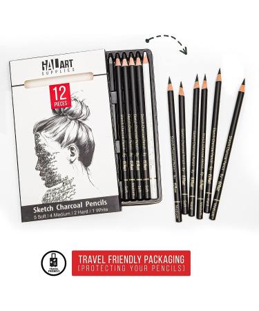 Galart Supplies Charcoal Drawing Set - 12 Piece Pre-Sharpened Pencils for Artists and Beginners | Soft, Medium, Hard, and White Charcoal Pencils for Drawing, Shading, and Sketching with Organizer Tray - Buy Online on GoSupps.com