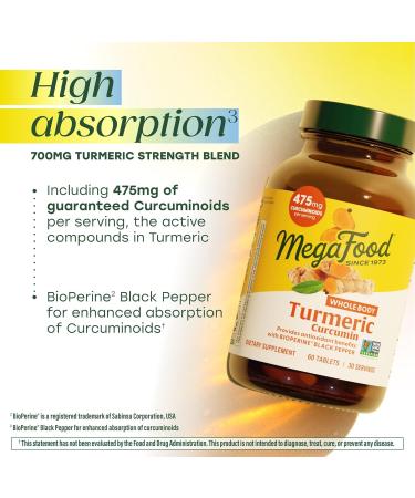 MegaFood Whole Body Turmeric Curcumin Supplement - Turmeric Supplement with Black Pepper & Vitamin C - 475 mg Curcuminoids Per Serving - Antioxidant & Immune Support - Vegan - 90 Tablets 45 Servings 90 Count (Pack of 1) - Buy Online on GoSupps.com