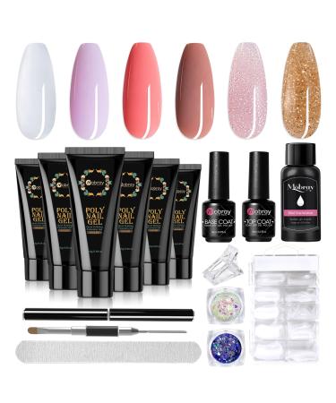 Mopray poly nail gel set 6 colors acrylic gel for nails nude gold transparent poly starter gel set extension building acrylic for beginners & salon professionals with manicure tools