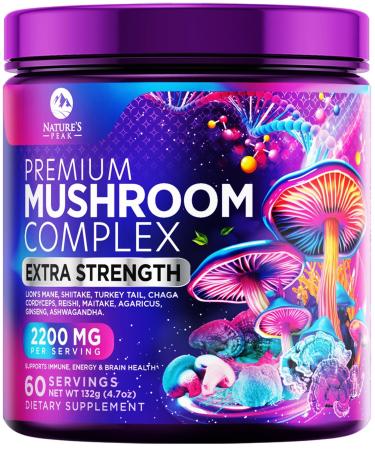 Mushroom Powder Supplement 2200mg - 11 in 1 Powder Blend - Organic Lions Mane Reishi Cordyceps Chaga Turkey Tail Mushroom Extract Supplement - Memory & Brain Support - Bottled in USA - 60 Servings