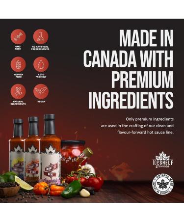 Top Shelf Canada Premium Gourmet Hot Sauce Gift Box with Mild Medium & Hot Flavours. Chipotle Fire Roasted Red Peppers. Wing Sauce Taco Sauce. Preservative Free Vegan & Keto. 296mL (Pack of 3) - Buy Online on GoSupps.com