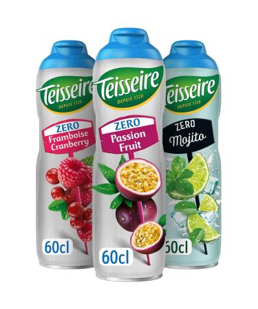 Set of 3 Teisseire Zero Sugar Syrups (Passionfruit Raspberry Cranberry Mojito) for Refreshing Drinks Cocktails Recyclable Bottle 3 x 60 cl
