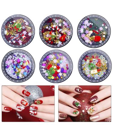 6 Boxes Christmas Nail Art Rhinestones EBANKU 3D Nail Crystal Jewels Metal Nail Studs Gems for Christmas Nails Art Decoration Supplies