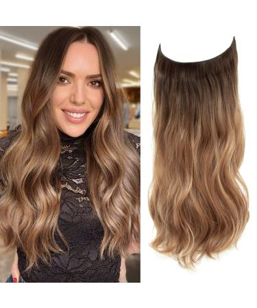 Invisible Wire Hair Extensions Hair Pieces for Women Natural Wavy Hair Extension Synthetic Hairpieces 20 Inch Caramelo with Dark Root Hair Extension (Caramelo with dark root)