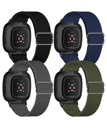 UHKZ 4 Pack Elastic Nylon Bands Compatible with Fitbit Versa 3/Versa 4/Fitbit Sense/Sense 2,Stretchy Fabric Sport Band for Fitbit Versa Smart Watch for Women Men,Pure Black/Blue/Green/Grey For Versa 3/Versa 4/Fitbit Sense/Sense 2 Pure Black/Navy Blue/Gree