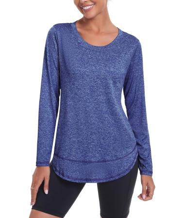 Deaviya long-sleeved sports shirt for women long-sleeved shirt women's sports top round neck running shirt long-sleeved loose XL dark blue