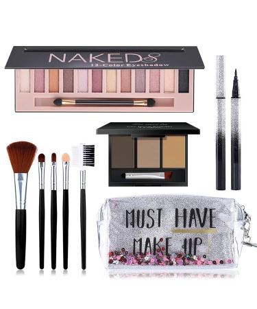 All in One Makeup Kit, Includes 12 Colors Naked Eyeshadow Palette, 5Pcs Makeup Brushes, Waterproof Eyeliner Pencils, Eyebrow Powder and Quicksand Cosmetic Bag, Gift Set for Women, Girls & Teens SET A