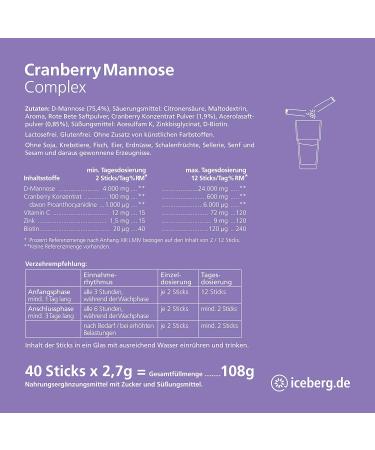 Cranberry Mannose Complex - High Dose D-Mannose Powder with Zinc & Biotin | 2 Pack (80 Sticks) for Healthy Bladder Support - Buy Online on GoSupps.com