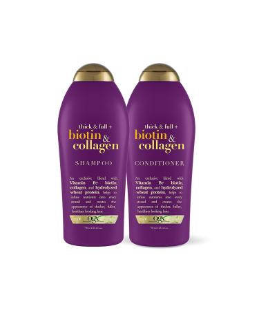 OGX Thick & Full + Biotin & Collagen Extra Strength Volumizing Shampoo + Conditioner with Vitamin B7 & Hydrolyzed Wheat Protein for Fine Hair, 25.4 oz Pack of 2