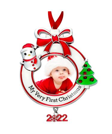 Baby's First Christmas Photo Ornament 2022 My Very First Christmas Photo Frame Xmas Baby's 1st Keepsake Picture Ornaments for Newborn Baby Hanging Christmas Tree Decor for Holiday (Round, 1 Piece) 1 Round