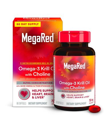 MegaRed Krill Oil 750mg Omega 3 Supplement with Choline 1 Dr Recommended Krill Oil Brand with EPA DHA & Phospholipids Supports Heart Brain & Liver Health Antarctic Krill Oil - 80 Softgels (1) 80 Count (Pack of 1)
