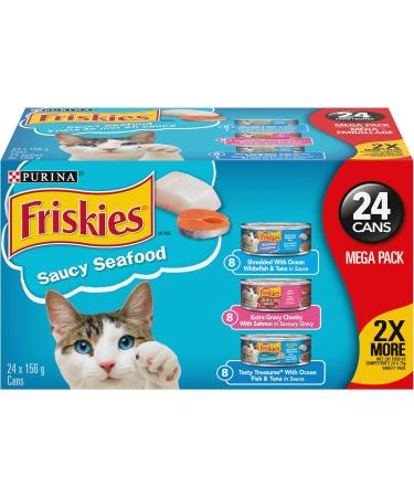 Friskies Saucy Seafood Wet Cat Food Variety Pack 3 Flavours - 156 g Can (24 Pack) & Greatest Hits Wet Cat Food Pate Variety Pack 4 Flavours - 156 g Can (32 Pack) Pet Food+ Cat Food Super Pack - Buy Online on GoSupps.com
