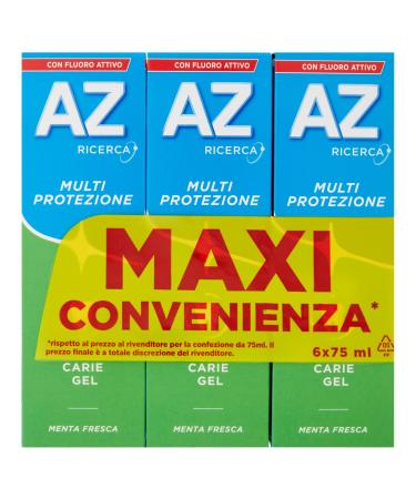 AZ RICERCA AZ Multi Protection Cavity Control Gel Toothpaste ideal for the whole family children from 6 years old fresh mint flavor Maxi Size of 6 boxes x 75 ml