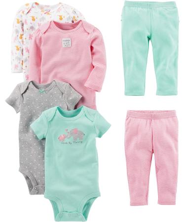Simple Joys Carter's Baby Girls' 4-Pack Pants Set, 12 Months - Aqua Green Elephant, Grey Dots, Pink Stripes, White Forest Animals - Buy Online on GoSupps.com