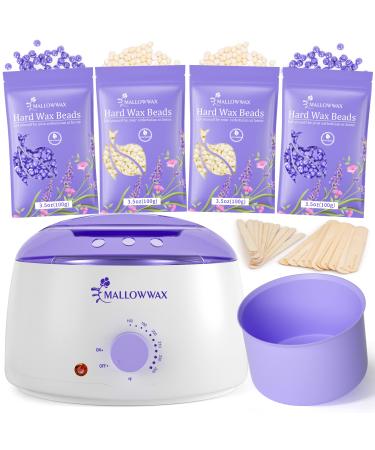 Mallowwax Waxing Kit- Wax Warmer kit for Hair Removal - Wax Kit with 14.1oz Lavender Wax Beads -Brazilian Bikini Wax Waxing Kit for Women and Men -Body Wax for Legs, Armpit, Eyebrow, Facial cream