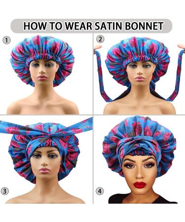 Satin Bonnet 4 Pack for Women - Silk Sleep Cap for Long Curly Hair, African Print Head Wrap - Soft Night Sleeping Hat - Buy Online on GoSupps.com