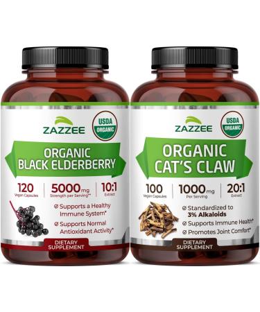 Zazzee Organic Seasonal Immune Support Bundle | Organic Cat s Claw 20:1 Extract Plus 10:1 Sambucus Black Elderberry Capsules | Non-GMO Vegan & ISO Lab Tested