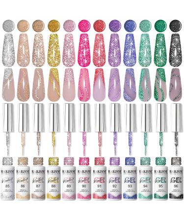 RARJSM Gel Liner Nail Art Reflective Glitter Flash Diamond Liner Gel Polish 12 Colors 5ml Sparkle Silver Hot Pink Black Pigment Painted Stripe Brush Gel Nail Polish UV LED Curing Require Nail Design Reflective Glitter Set