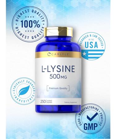 Carlyle L-Lysine 500 mg - 250 Vegetarian Caplet Capsules | Non-GMO Amino Acid Supplement Gluten Free - International Shipping Available - Buy Online on GoSupps.com