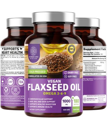 N1N Premium Vegan Flaxseed Oil Softgels Max Strength All Natural with Omega 3-6-9 to Boost Body's Natural Defenses, Support Cardiovascular Health and Nourish Skin, Nails & Hair, 180 Softgels