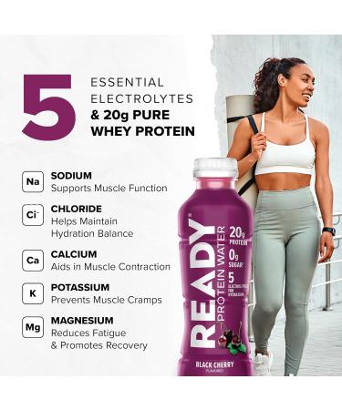 Ready Clear Protein Water 20g Whey Protein Isolate Zero Sugar Low-Calorie Sports Drink for Hydration & Recovery Electrolytes Essential Amino Acids Black Cherry 16.9 fl oz Bottles (12-Pack) Black Cherry 16.9 Fl Oz  - Buy Online on GoSupps.com