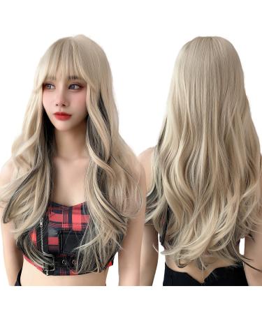 24 Blonde Blend Black Long Wavy Wig with Bangs for Women - Heat Resistant Synthetic Hair for Video Shooting, Halloween, Dating, Party, Cosplay - Natural and Cute - Buy Online on GoSupps.com