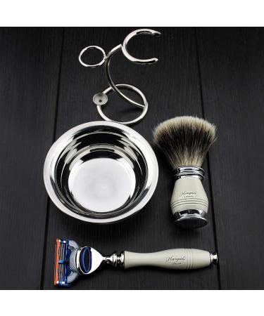 4 Pc Men's Shaving Kit - 5 Blade Razor Silver Tip Badger Brush Stand & Stainless Steel Bowl | Perfect Grooming Set for Men - Buy Online on GoSupps.com