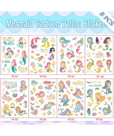 Mermaid Temporary Tattoos for Kids - Cute Cartoon Fake Tattoo Stickers with Marine Life Designs - Waterproof Body Art Stickers - 8 Sheets - Buy Online on GoSupps.com