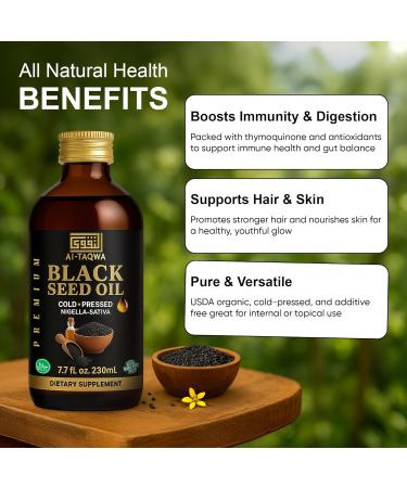 AL-TAQWA Black Seed Oil Extra Virgin Nigella Sativa (Kalonji) Oil for Hair Skin & Wellness Cold-Pressed Unrefined Non-GMO Vegan Halal 7.77oz (230ml) Amber Glass Bottle - Buy Online on GoSupps.com