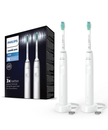Philips Sonicare 3100 Series electric toothbrush with sound technology double pack with pressure sensor and brush head change display white (model HX3675/13) White & White - Buy Online on GoSupps.com