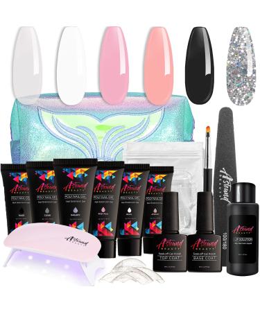Astound Beauty Poly Nail Gel Kit with UV Lamp, Slip Solution and Glitter, Clear, Black, White Poly Nail Gel Kit - Poly Nail Gel All-in-One Manicure Kit